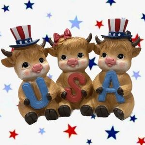 Highland Cow USA 4th of July Patriotic Trio Tabletop Decor